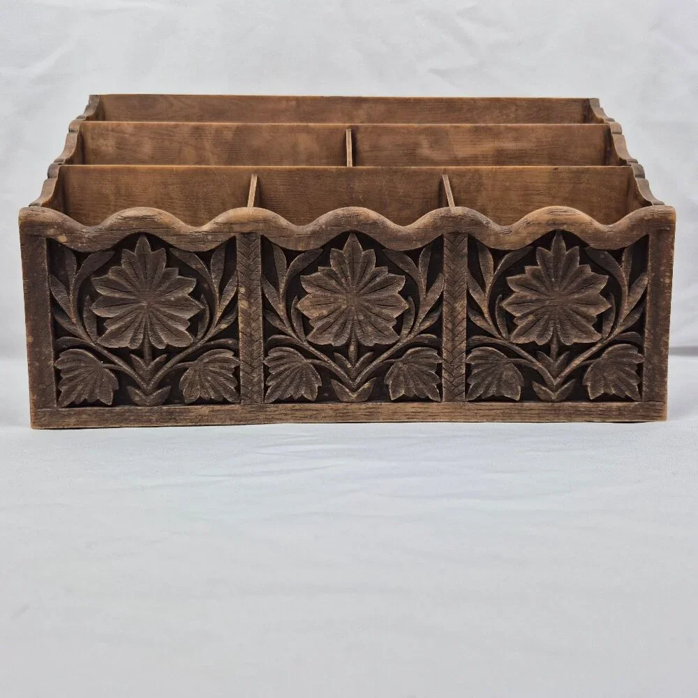 Vintage Lerner Brown Faux Carved Wood Office Desktop Organizer MCM 70's